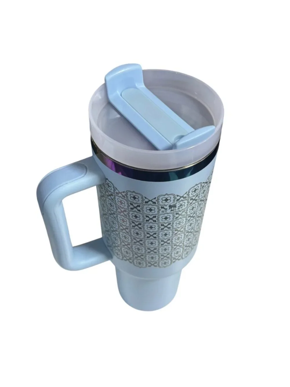 Stanley Engraved Tumbler with Handle, Light Blue Floral Pattern